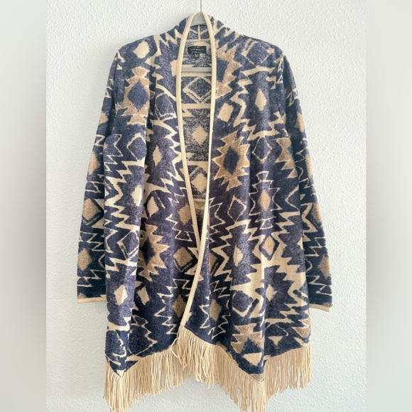 Lucky Brand Aztec Print Fringed Brushed Knit Cardigan Sweater Cardigan Size XL - Picture 2 of 7